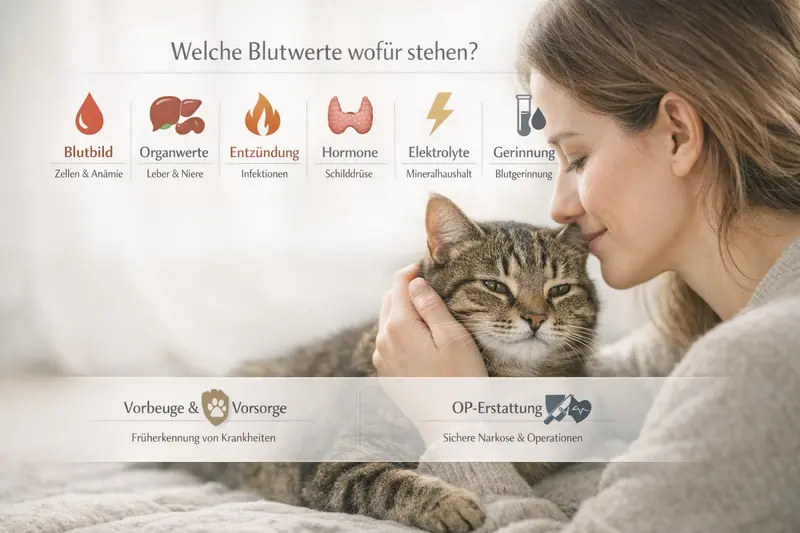 Infografik zur Interpretation von Blutwerten bei Katzen sowie deren Bedeutung im OP-Kontext und zur Vorsorge.