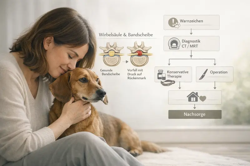 Infografik zeigt den Aufbau der Wirbelsäule und der Bandscheibe bei Hunden sowie Warnzeichen für Rückenschmerzen.