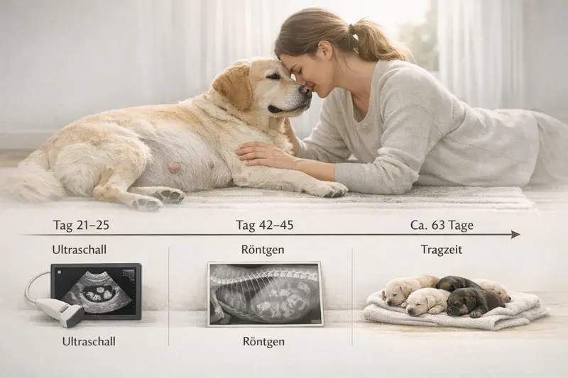 Infografik zur Tragzeit von Hunden mit Ultraschall- und Röntgenuntersuchungen.