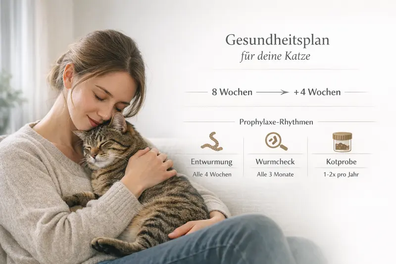 Infografik zeigt einen Zeitplan für die Gesundheitsvorsorge von Katzen sowie Prophylaxe-Rhythmen.