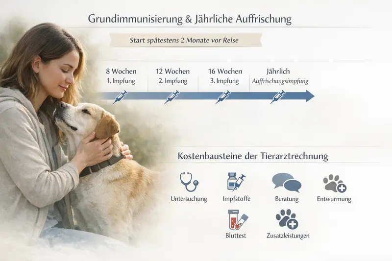 Infografik über den Zeitplan zur Grundimmunisierung und jährlichen Auffrischung für Hunde, einschließlich Kosten der tierärztlichen Behandlung.