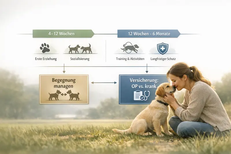 Infografik über den zeitlichen Verlauf der Hundehaltung von 4 bis 6 Monaten mit Entscheidungsoptionen zur Begegnungsbewältigung und Versicherungsarten.