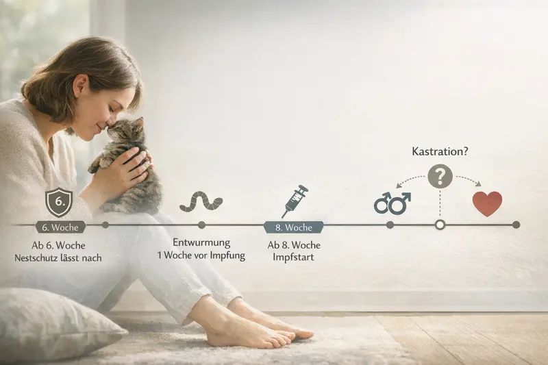 Zeitstrahl mit wichtigen Gesundheitsmeilensteinen für junge Katzen