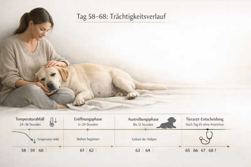 Infografik zeigt den Zeitstrahl der Wurfqualität bei Hunden von Tag 58 bis 68 mit Temperaturabfall und verschiedenen Phasen der Geburt.