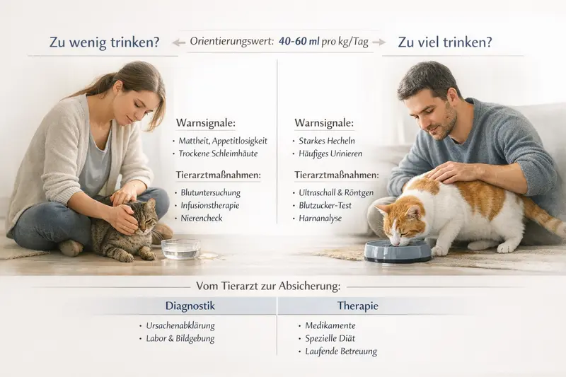 Infografik über den Wasserbedarf von Katzen, mit Hinweisen zu angemessener und übermäßiger Flüssigkeitsaufnahme.