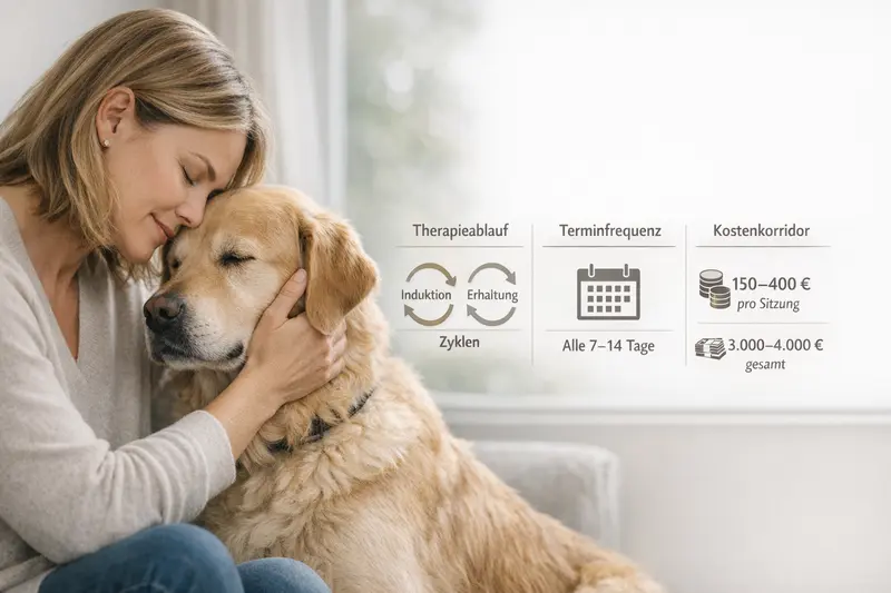 Infografik zum Therapieablauf für Hunde mit Zyklen, Terminfrequenz und Kosten
