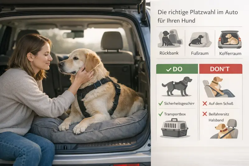 Infografik zur optimalen Platzwahl im Auto je nach Hundgröße mit wichtigen Do's und Don'ts.