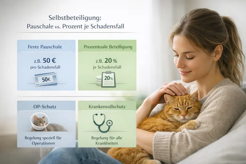 Infografik zur Selbstbeteiligung bei Katzenversicherungen, die Pauschale und Prozentanteil je Schadensfall vergleicht.