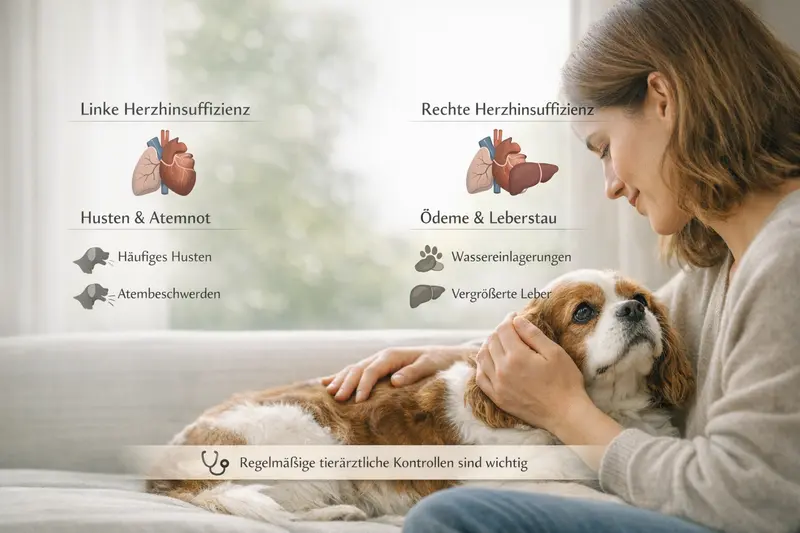 Infografik zur Unterscheidung zwischen Links- und Rechtsherzinsuffizienz bei Hunden mit typischen Symptomen.
