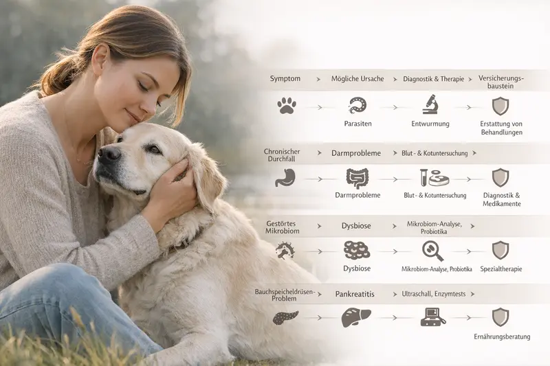 Infografik, die den Zusammenhang zwischen Symptomen und möglichen Ursachen bei Hunden zeigt.