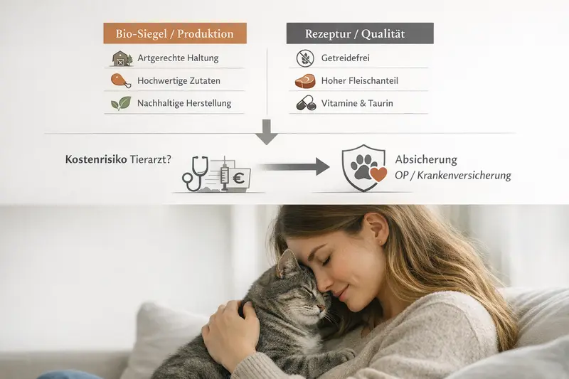Infografik über Bio-Siegel und Rezepturqualität bei Katzenfutter sowie Kostenrisiko Tierarzt und Absicherung durch Versicherungen.