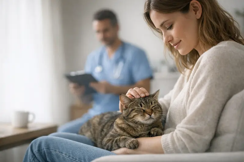 Eine Infografik zeigt den Zyklus von Katzen mit Anzeichen der Vorbrunst und Brunst sowie dem Entscheidungsweg für Tierhalter.