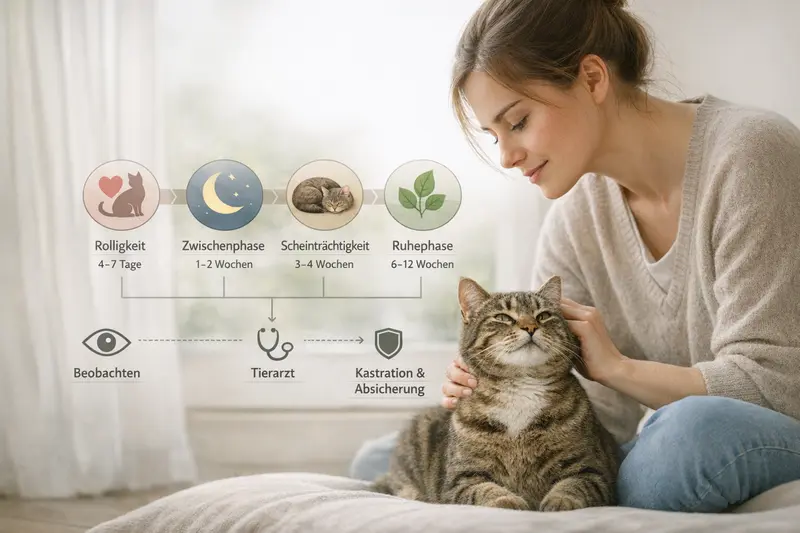 Infografik zu den Zyklusphasen von Katzen mit Entscheidungsweg zwischen Beobachtung, Tierarztbesuch und Kastration.