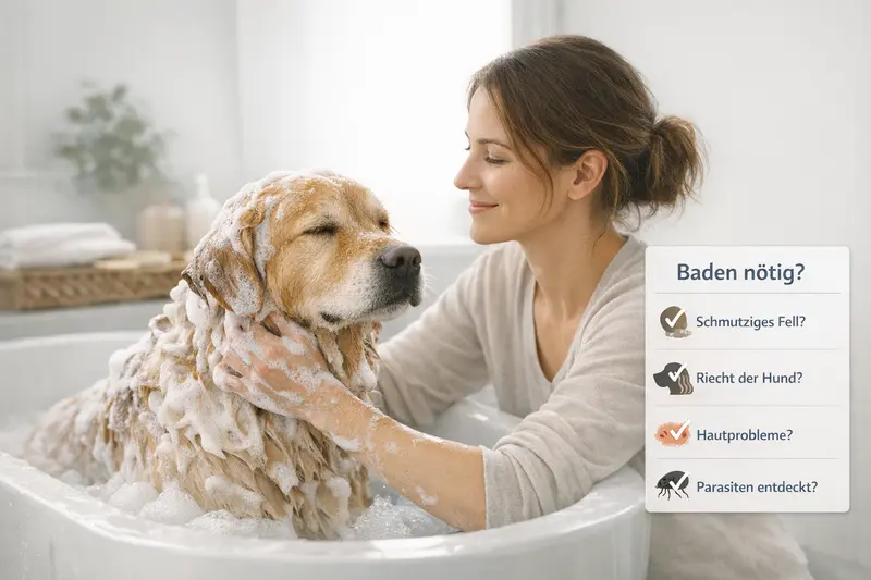 Schritt-für-Schritt-Anleitung zum Hundebad: Vorbereiten, Waschen, Ausspülen, Trocknen und Ohrenpflege.