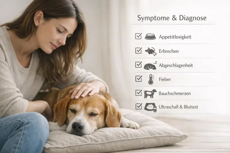 Grafische Übersicht der Symptome einer Bauchfellentzündung bei Hunden.