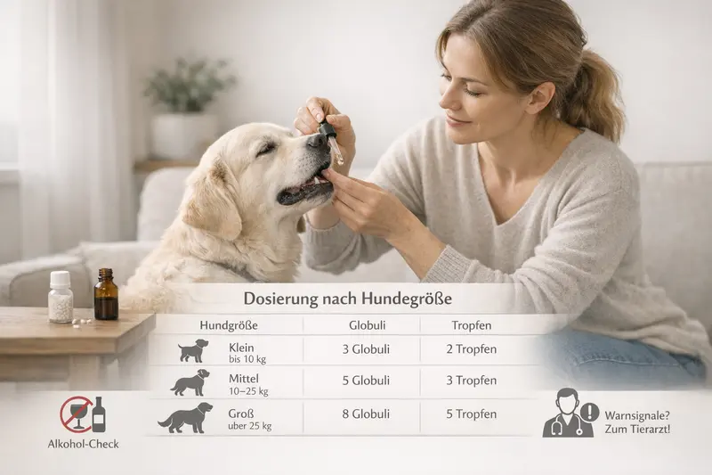 Infografik zur Dosierung von Globuli und Tropfen für Hunde je nach Größe, inklusive Sicherheitshinweisen.