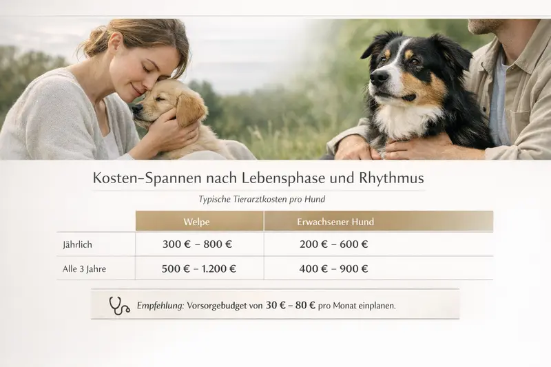 Infografik zeigt die Kosten-Spannen für Hunde in verschiedenen Lebensphasen und Rhythmus der Vorsorge
