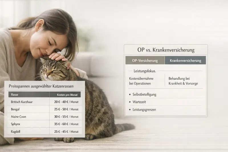Infografik über Preisspannen ausgewählter Katzenrassen und Entscheidungshilfen für OP- oder Krankenversicherung