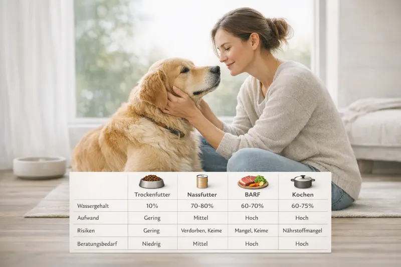 Infografik zum Vergleich von Trockenfutter, Nassfutter, BARF und selbstgekochter Hundeernährung in Bezug auf Wassergehalt, Aufwand, Risiken und Beratungsbedarf.