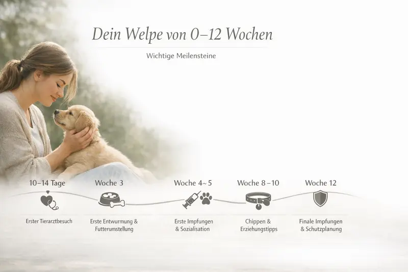 Infografik zur Entwicklung von Welpen mit Meilensteinen von der Geburt bis zur 12. Woche.