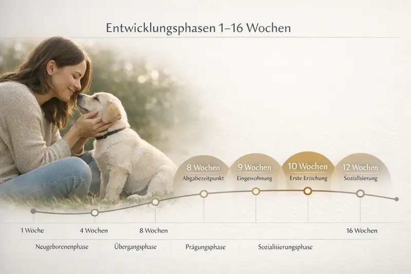Infografik zur Entwicklung von Hunden in den ersten 16 Wochen mit Entscheidungsankern bei 8, 9, 10 und 12 Wochen.
