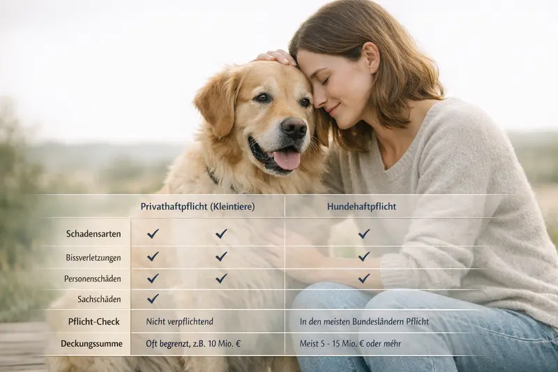 Vergleich von Hundehaftpflicht und Privathaftpflicht für Kleintiere mit Fokus auf Schadensarten und Deckungssummen.