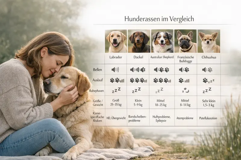 Vergleichstafel der fünf Hundehunderassen mit Informationen zu Bellen, Auslauf, Ruhephasen, Größe und rassespezifischen Risiken.
