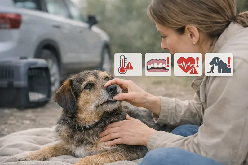 Infografik mit Vitalwerten, Schleimhautfarben und Alarmzeichen für Hunde zur schnellen Gesundheitsbewertung.