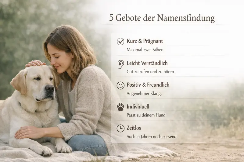 Eine kompakte Checkliste mit den 5 Geboten der Namensfindung für Hunde.