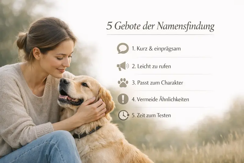 Infografik mit den fünf Geboten der Namensfindung für Hunde.