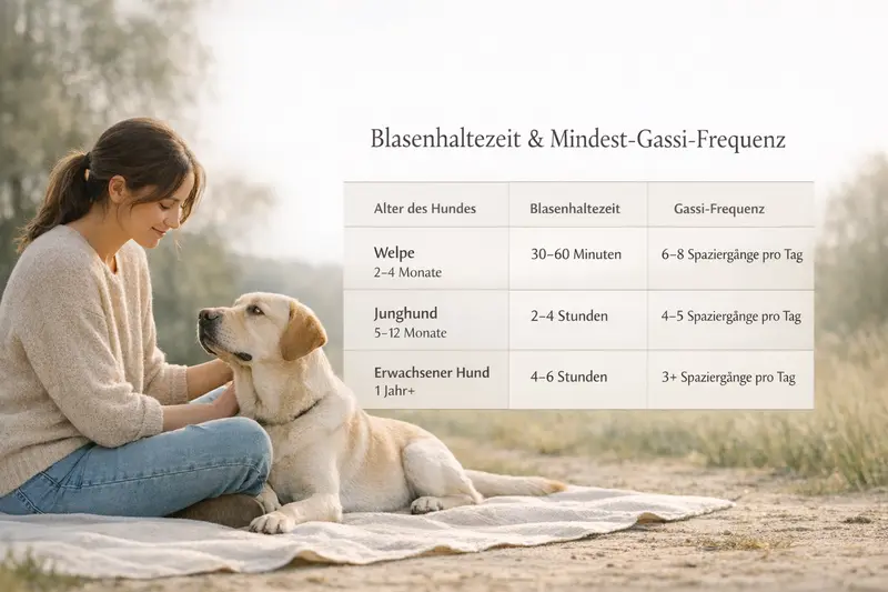 Infografik zur Blasenhaltezeit und Gassi-Frequenz bei Hunden in einfacher Übersicht.