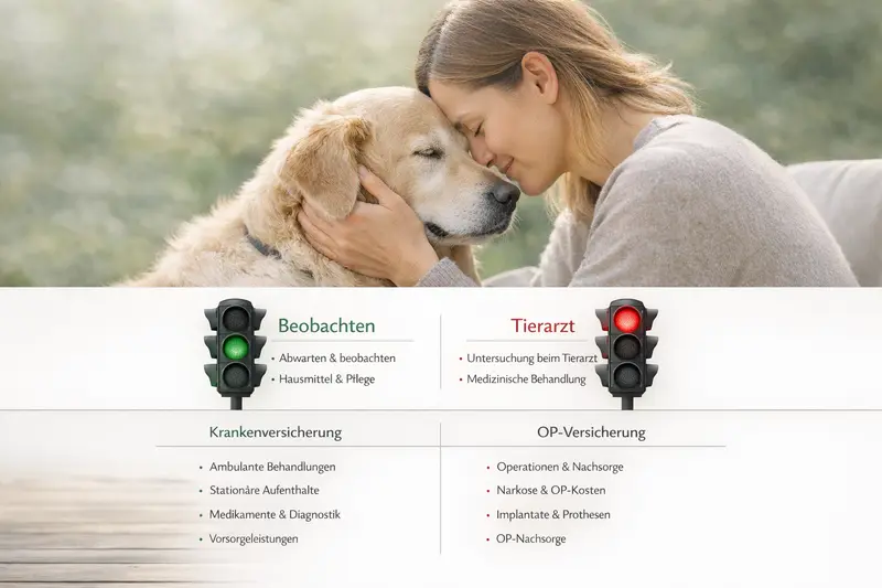 Infografik zeigt Ampellogik für Tierarztbesuche und den Vergleich zwischen Kranken- und OP-Versicherung für Hunde.