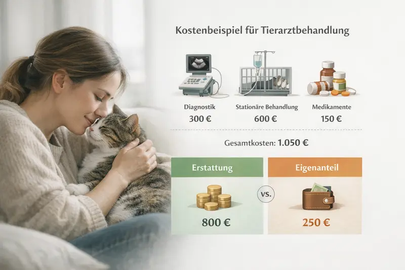 Infografik zur Kostenaufstellung von Tierarztleistungen für Katzen, einschließlich Diagnostik, stationärer Behandlung und Medikamenten.