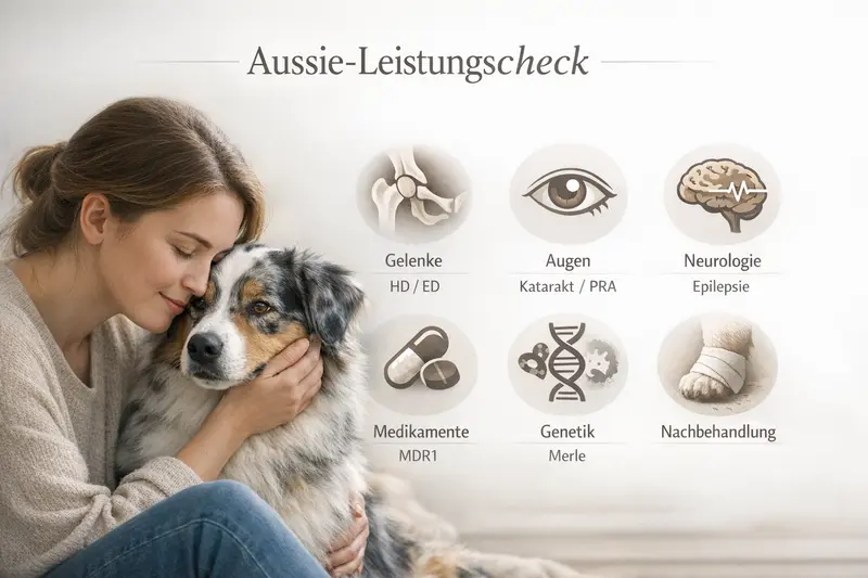 Infografik mit Icons zu den Gesundheitschecks für Australian Shepherds, darunter Gelenke, Augen und Neurologie.