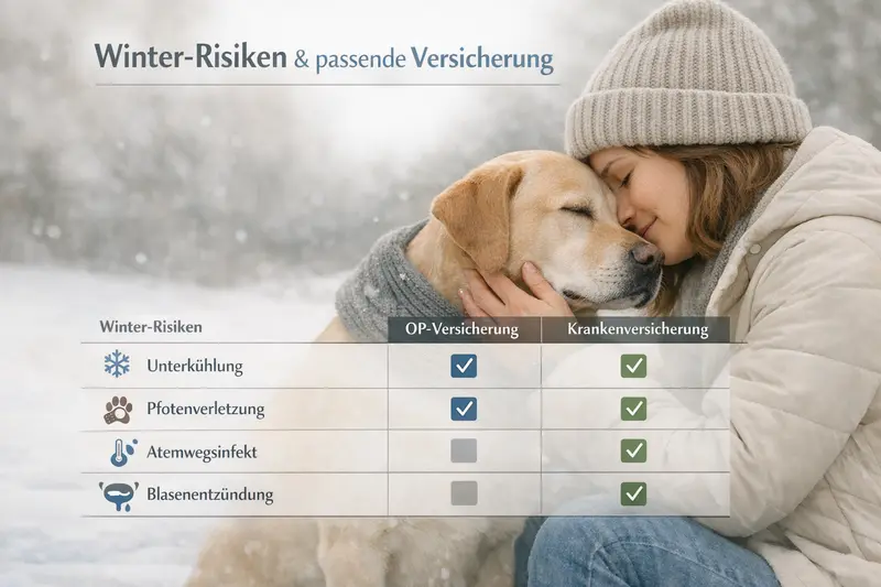 Infografik zeigt Winterrisiken für Hunde und passende Versicherungen.