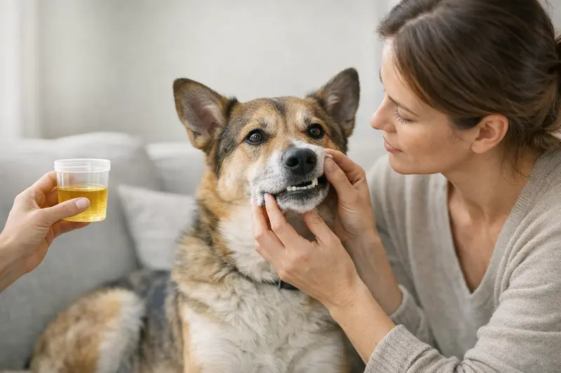 Infografik zum Dehydration-Check bei Hunden mit Warnstufen für Urin, Zahnfleisch und Hautelastizität.