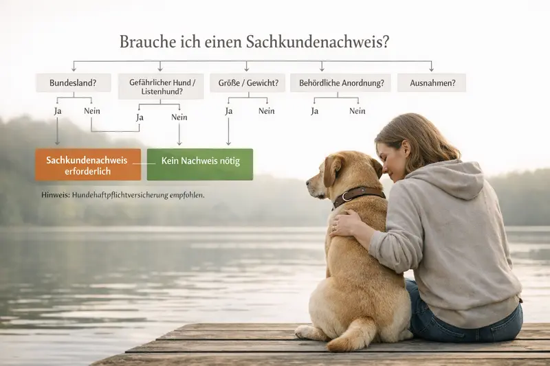 Infografik zur Entscheidung, ob ein Sachkundenachweis für Hunde erforderlich ist, basierend auf verschiedenen Faktoren.