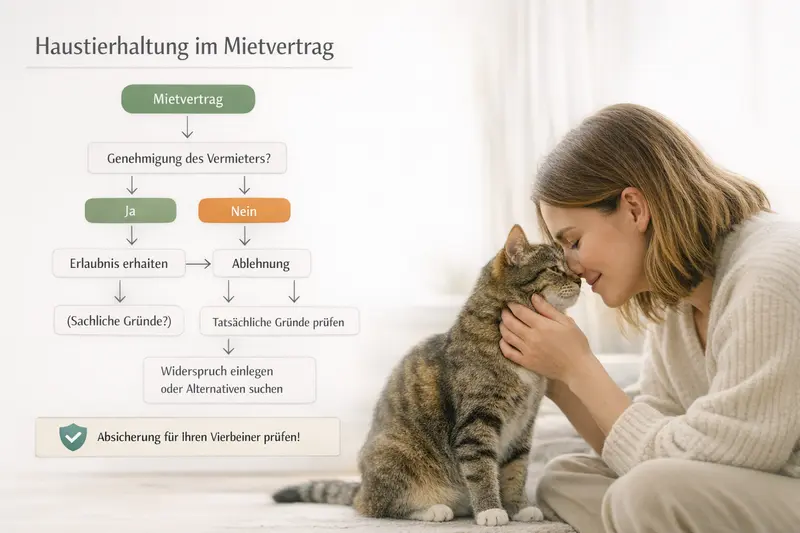 Entscheidungsbaum zur Genehmigung von Katzen im Mietvertrag mit Hinweisen zur Absicherung.