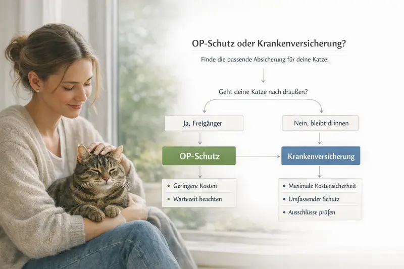 Entscheidungsbaum zur Wahl zwischen OP-Schutz und Krankenversicherung für Katzen, basierend auf Kriterien wie Freigang und Budget.