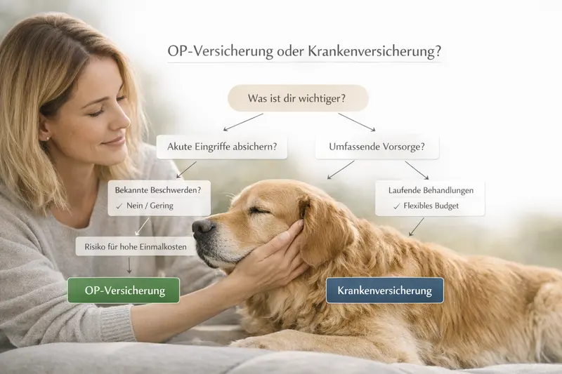 Entscheidungsbaum zur Wahl zwischen OP-Versicherung und Krankenversicherung für Hunde mit Kriterien zur Entscheidungsfindung.