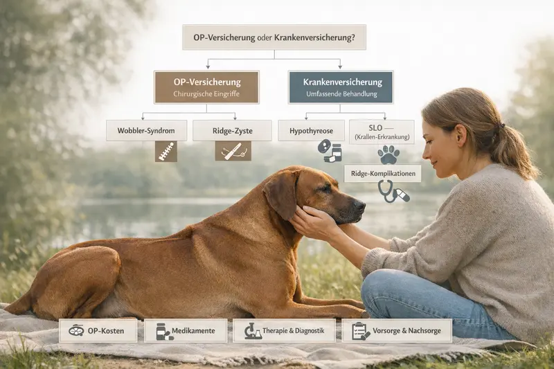 Infografik zeigt Entscheidungsbaum zwischen OP-Versicherung und Krankenversicherung für Hunde, speziell für Ridgebacks mit Erkrankungen wie Hypothyreose und Wobbler.