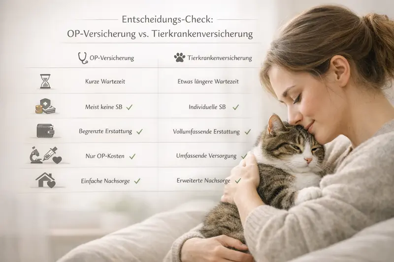 Infografik zum Vergleich zwischen OP-Versicherung und Tierkrankenversicherung für Katzen mit wichtigen Tarifmerkmalen.