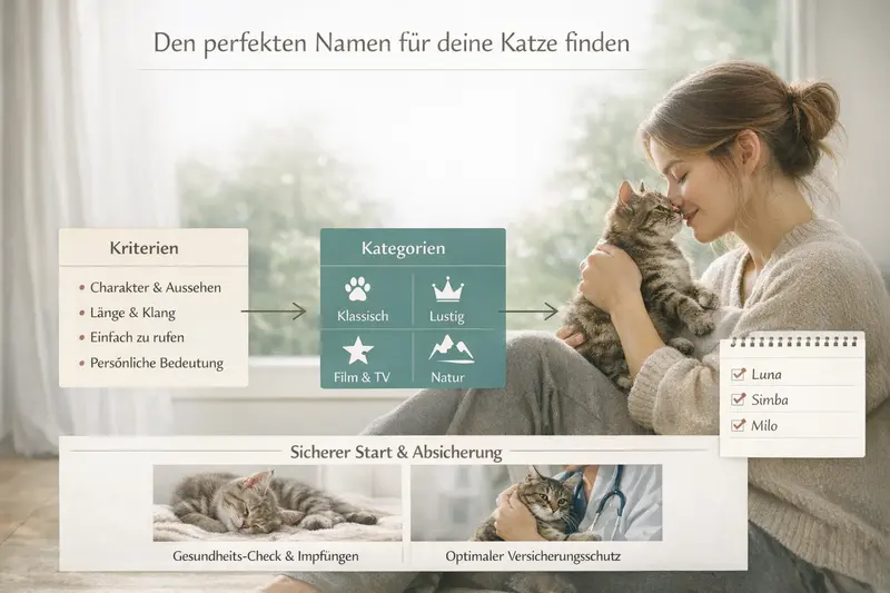 Eine Infografik für Katzenhalter zur Auswahl eines Namens mit Kriterien und Favoritenliste.