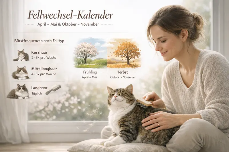 Infografik zur Bürstfrequenz und zum Fellwechsel von Katzen im April/Mai und Oktober/November als schnelle Orientierung für Tierhalter.