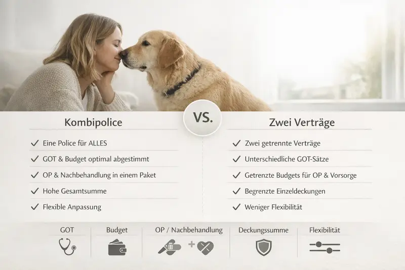 Infografik zur Gegenüberstellung der Kombipolice und zwei separaten Verträgen für Hundeversicherungen mit wichtigen Leistungs-Checkpunkten.