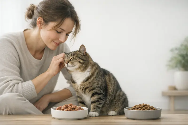 Vergleich der Tagesration von Nass- und Trockenfutter für Katzen mit einem Gewicht zwischen 2 und 8 kg.