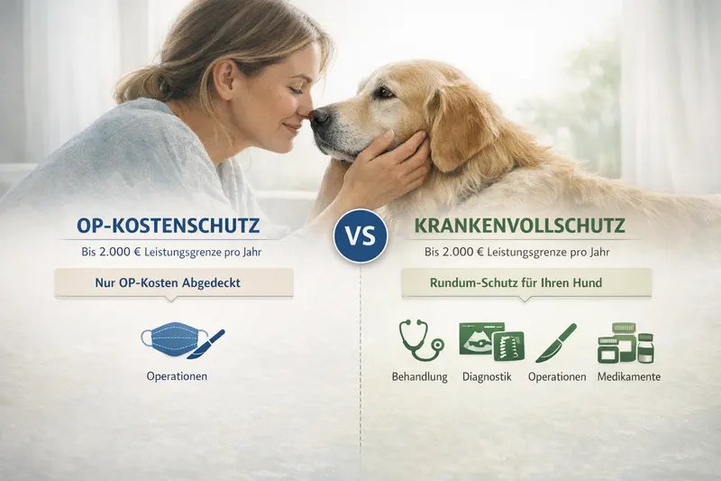 Infografik über den Vergleich zwischen OP-Kostenschutz und Krankenvollschutz für Hunde mit einer Leistungsgrenze von 2.000 Euro.