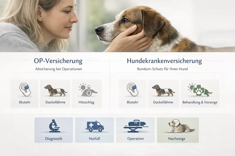 Infografik zur Gegenüberstellung von OP-Versicherung und Hundekrankenversicherung mit Icons für Blutohr und Dackellähme.