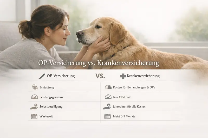 Infografik, die die Unterschiede zwischen OP-Versicherung und Krankenversicherung für Hunde verdeutlicht.