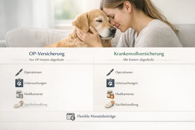 Infografik zur Gegenüberstellung von OP-Versicherung und Krankenvollversicherung für Hunde